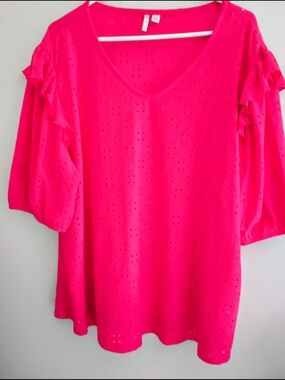 Vivid Hot Pink Eyelet V-Neck Ruffle Sleeve Blouse